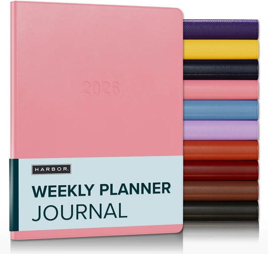Harbor Weekly Journal Notebook Planner 2025-2026 - Lined, Durable Faux Leather, Softcover, 176 Quality Pages, For Men and Women, For Writing, Work & Travel, Cambridge Flamingo - 9x7"