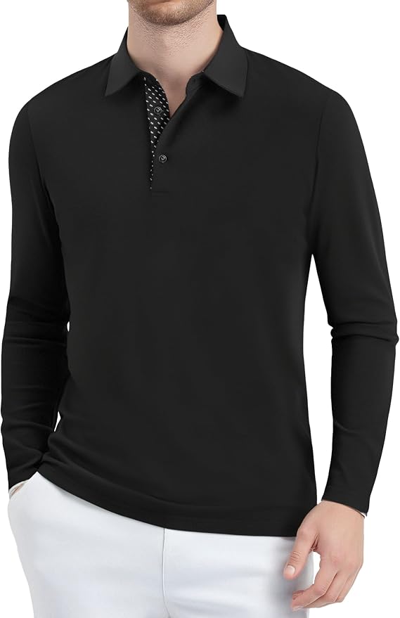 Alex Vando Mens Golf Shirt Moisture Wicking Quick-Dry Solid Long Sleeve Polo - Image 2