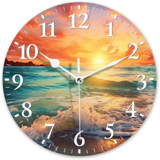 Beach Wall Clock Non-Ticking Silent Clocks Battery Operated Analog Decor Clock for Home-Beautiful Sunset Over The Ocean with Waves Crashing On The Shore(16inch)