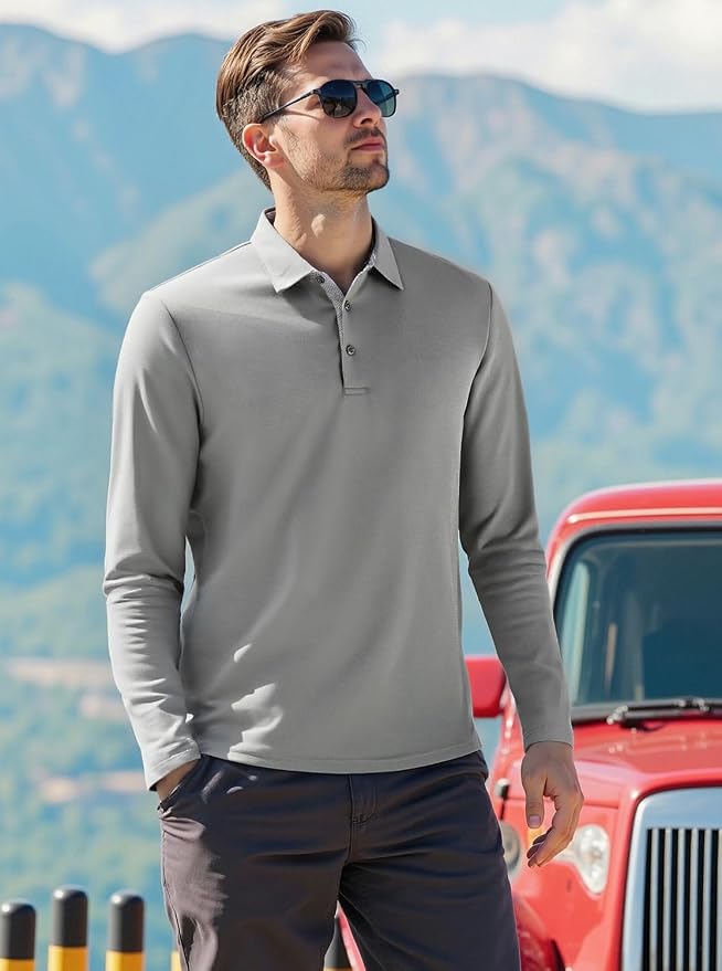 Alex Vando Mens Golf Shirt Moisture Wicking Quick-Dry Solid Long Sleeve Polo - Image 3