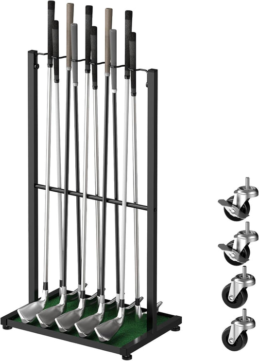 Golf Club Holder Floor Stand Golf Putter Stand with Wheels for 10 Clubs, Solid Metal Golf Club Organizer, Golf Club Storage Rack Cart for Garage Home Office, Indoor and Outdoor Use, Black