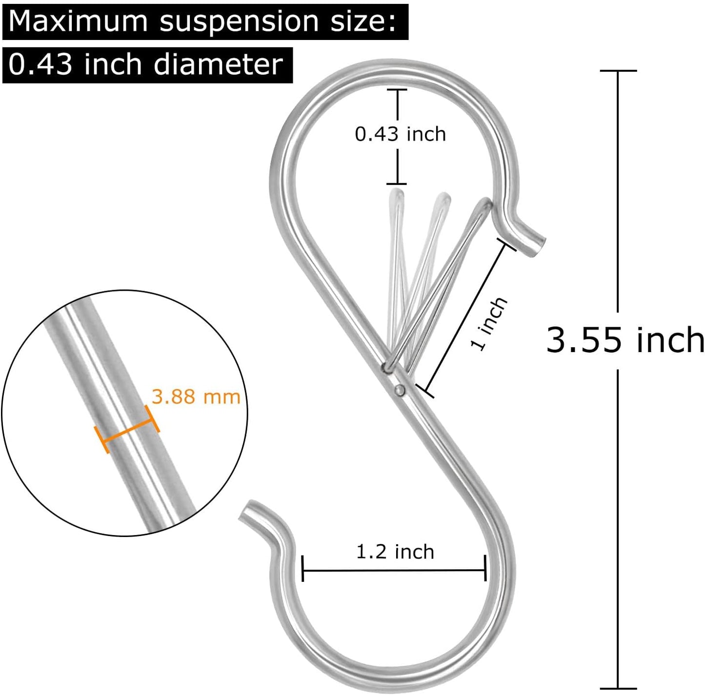 16 Pack S Shaped Hooks - 3.5 inch Heavy Duty Hooks with Safety Buckle for Hanging Plants, Clothes, Kitchen Utensils, Bags (Silver)