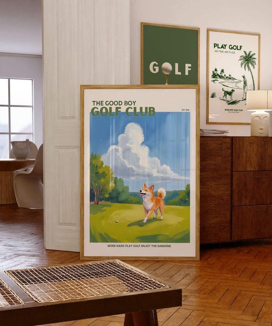 Good Boy Golf Club Poster, Shiba Inu Dog on Golf Course Wall Art, Retro Oil Painting Style Golf Print, Trendy Golf Wall Art, Creative Present for Golf Enthusiasts (Unframed) (24x36)