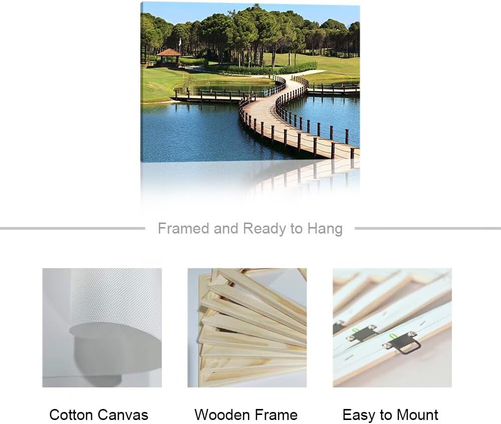 HJY Art USA Golf Course Wall Art Pictures Golf Club Wall Decor Blue Green Painting Poster for Home Decor Living Room Bedroom Bathroom Office Gym Landscape Framed Artwork Ready to Hang (28 x 44 inch)