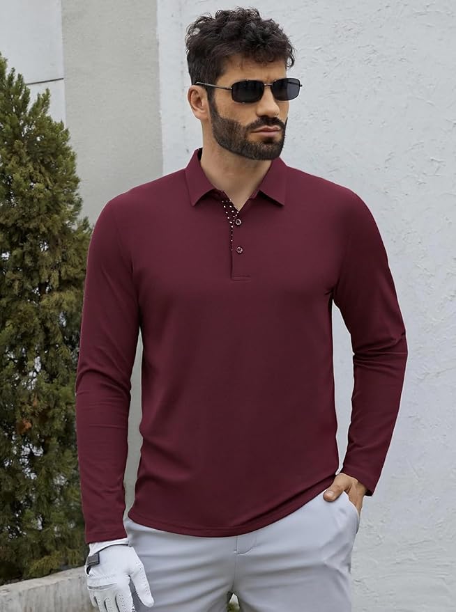 Alex Vando Mens Golf Shirt Moisture Wicking Quick-Dry Solid Long Sleeve Polo - Image 4