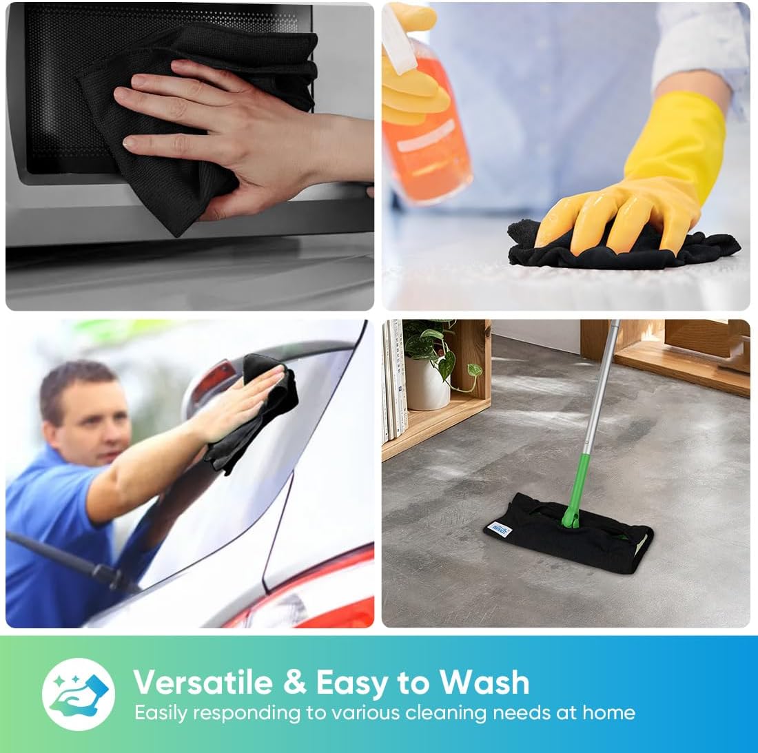 HOMEXCEL Black Microfiber Cleaning Cloth, 24 Pack Cleaning Towels for Kitchen, Lint Free, Scratch-Free, Highly Absorbent, and Reusable Cleaning Rags for House, Window and Glass, Cars, 11.5 X11.5 inch