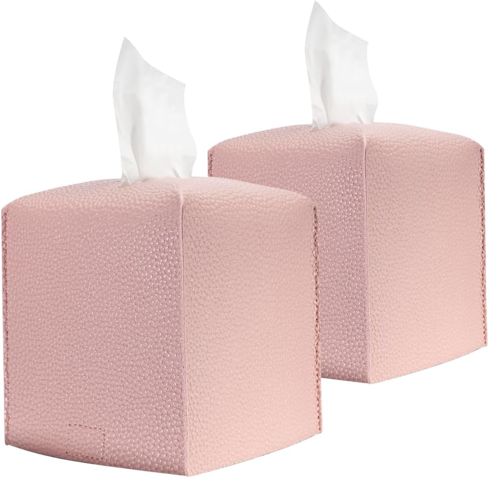 HOMOTEK 2 Pack Tissue Box Cover, Square PU Leather Tissue Holder, Decorative Facial Tissue Cube Paper Organizer Dispenser for Bathroom, Night Stands, Desk, Car 5X5X5'' - Dusty Rose, Pebble Grain