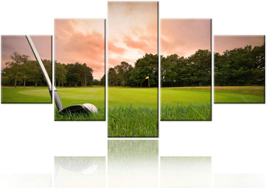 Golf Wall Art 5 Panels Canvas Pictures HD Prints Green Course with Golf Club Paintings Living Room House Decoration Fantasy Landscape Artwork Gallery-Wrapped Framed Ready to Hang Gift(60''W x 32''H)
