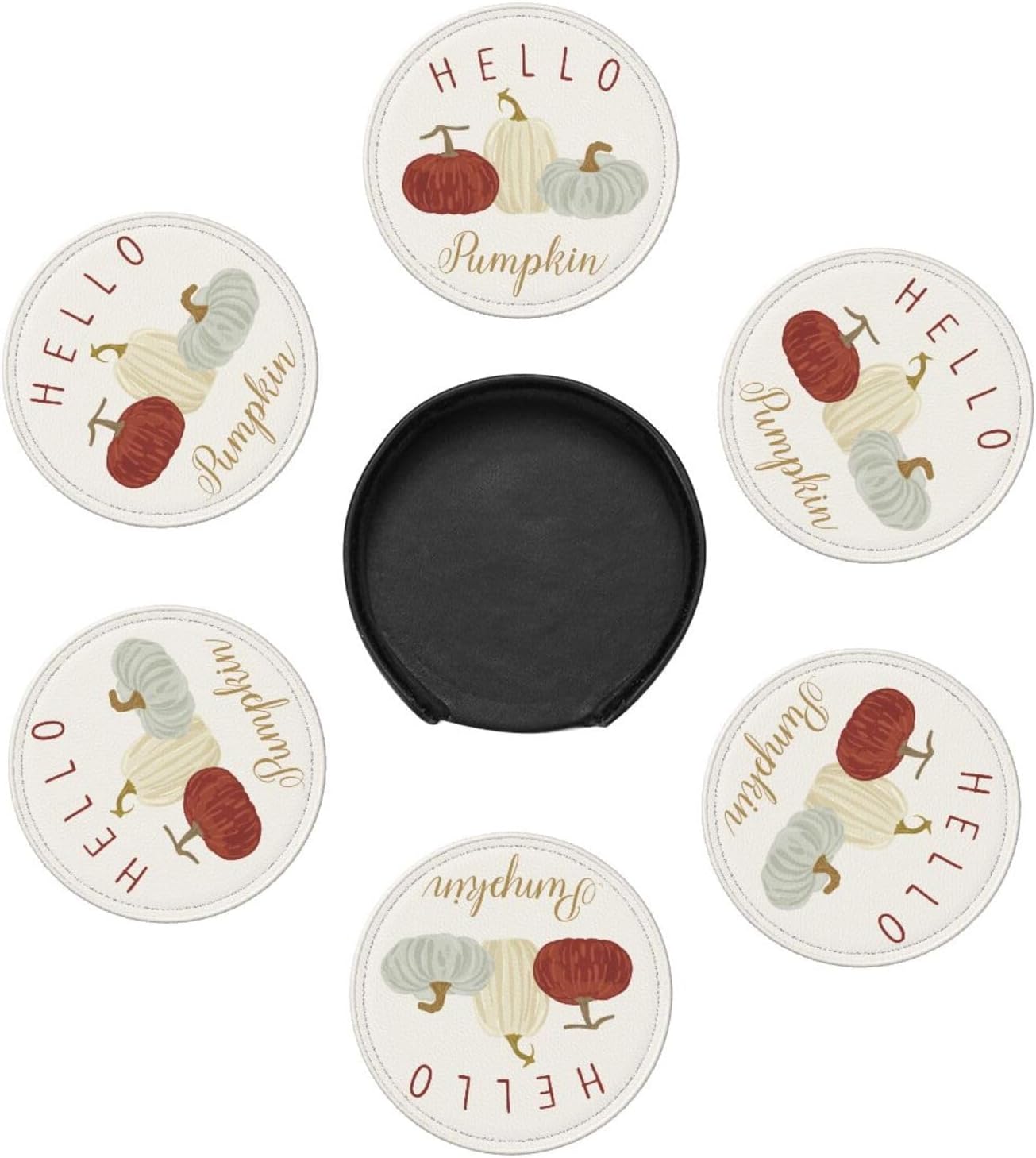 Hello Fall Pumpkin Autumn Coasters for Drinks Round Leather Coaster with Holder Set of 6 for Tabletop Protection Desk Accessories Office Home Room Decor