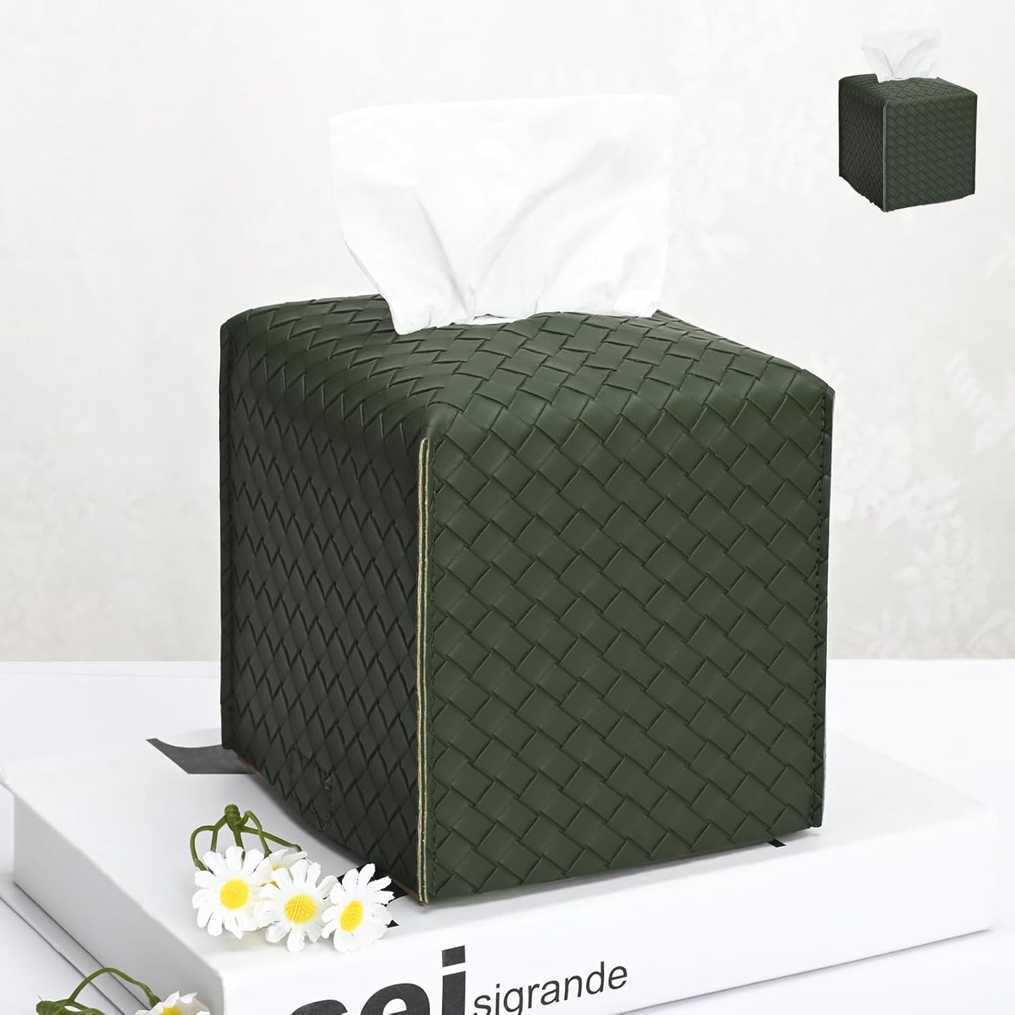 HOMOTEK 2 Pack Tissue Box Cover, Square PU Leather Tissue Holder, Decorative Facial Tissue Cube Paper Organizer Dispenser for Bathroom, Night Stands, Desk, Car 5X5X5'' - Woven Waffle,Emerald Green