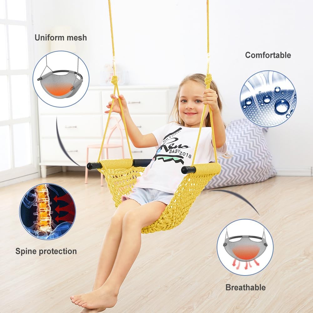 Hand-Knitting Toddler Swing, Swing Seat for Kids with Adjustable Ropes, Little tikes Swings Set, for Outdoor Indoor, Playground, Backyard (Yellow)