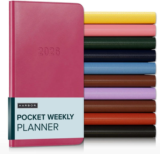 Harbor Pocket Weekly Monthly Planner 2025-2026 - Calendar Planner and Notebook, Durable Faux Leather, 192 Pages, Softcover & Book Bound - Cambridge Orchid Flower - 6 x 3.25 "