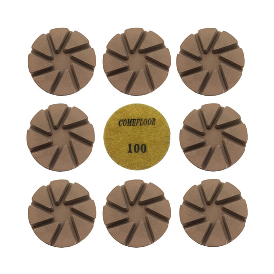 Hybrid Diamond Ceramic Polishing Pucks, Aggressive Concrete Terrazzo Floor Hook n Loop Grinding Pads, 3 Inch Long Using Life Transitional Discs,100# 9PCS