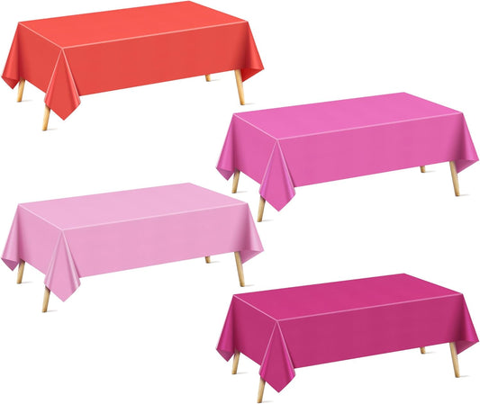 4 Pieces Red & Pink Series Rectangle Tablecloth, 54x72" Solid Color Waterproof & Spillproof Disposable Plastic Table Cover, Durable Party Tablecloth for Dining, Buffet, Picnic, Outdoor Events