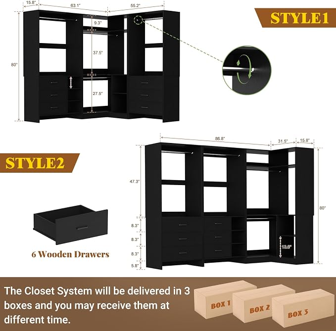 Aheaplus Closet System with 6 Drawers, 4 Hanging Rods & Corner Tower, Corner - Image 6