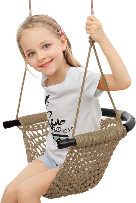 Hand-Knitting Toddler Swing, Swing Seat for Kids with Adjustable Ropes, Little tikes Swings Set, for Outdoor Indoor, Playground, Backyard (Light Brown)