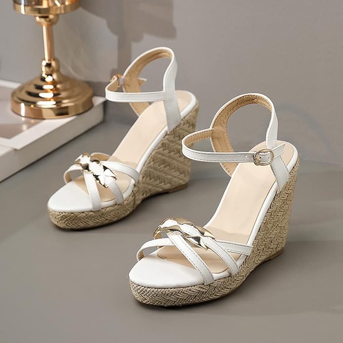 VOKLIN Women's Casual Espadrilles Wedge Sandals Open Toe Ankle Strap Metallic - Image 3