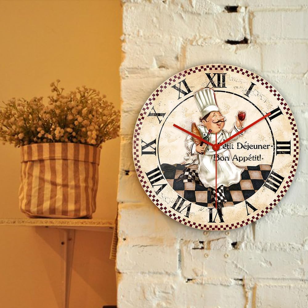 15 Inch Kitchen Wall Clock Roman Numerals, Vintage Decorative Wall Watch Clock Silent Quartz Non Ticking Battery Operated Round Wall Art Clock for Restaurant Dining Room Farmhouse Chef Gift