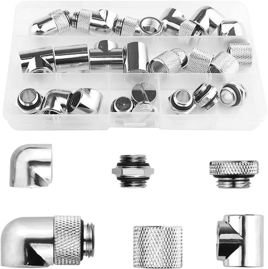 24-Piece Silver Chrome G1/4" Fittings Kit for Custom PC Water Cooling Systems (Silver)
