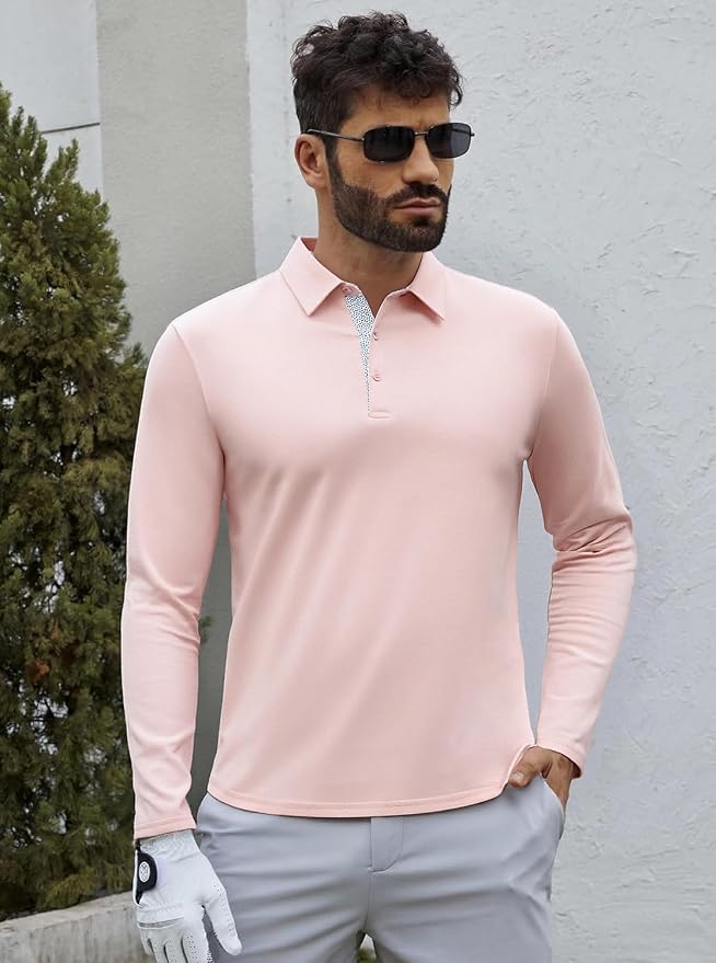 Alex Vando Mens Golf Shirt Moisture Wicking Quick-Dry Solid Long Sleeve Polo - Image 4