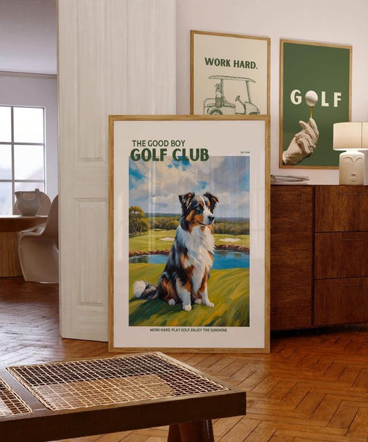Golf Wall Art Print, Good Boy Golf Club Poster with Australian Shepherd, Colorful Impasto Painting, Trendy Sports Decor, Aussie Dog Artwork, Great Gift for Golf Enthusiasts (Unframed) (27x40)