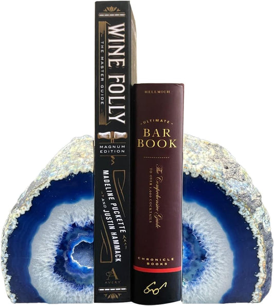 AMOYSTONE Natural Blue Agate Geode Bookends, Decorative Book Ends for Shelves, Stackable Book Stopper for Small Books, Unique Agate Stone Bookends, 2-3 LBS, Perfect for Home Office Decor