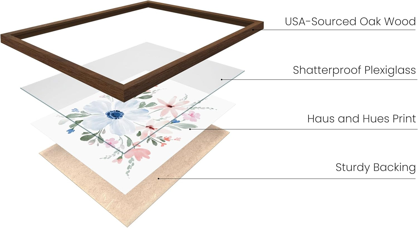 HAUS AND HUES Flower Wall Art - Set of 4 Framed Floral Paintings (8x10, Walnut Frame)