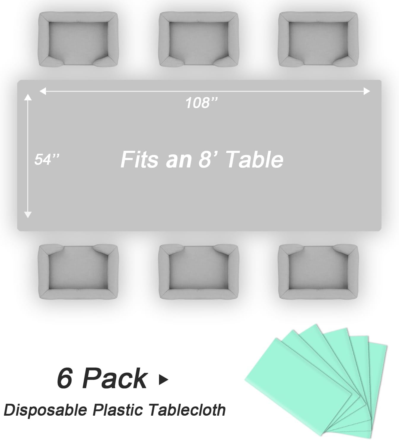 QIKSION 6 Pack Fresh Mint Plastic Tablecloths, Rectangular, 54 x 108 Inches, Mint Green, Perfect for Parties, Bridal Shower, Birthday, Engagement, Wedding