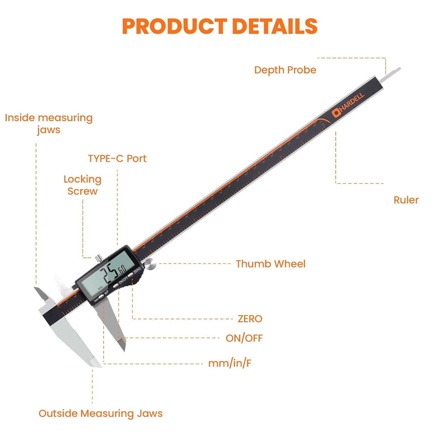 HARDELL Digital Caliper 12 Inch, Rechargeable Calipers with Large LCD Screen, Stainless Steel Digital Caliper Measuring Tool, Auto-Off, Inch/MM/Fraction for DIY/Household/3D-printing