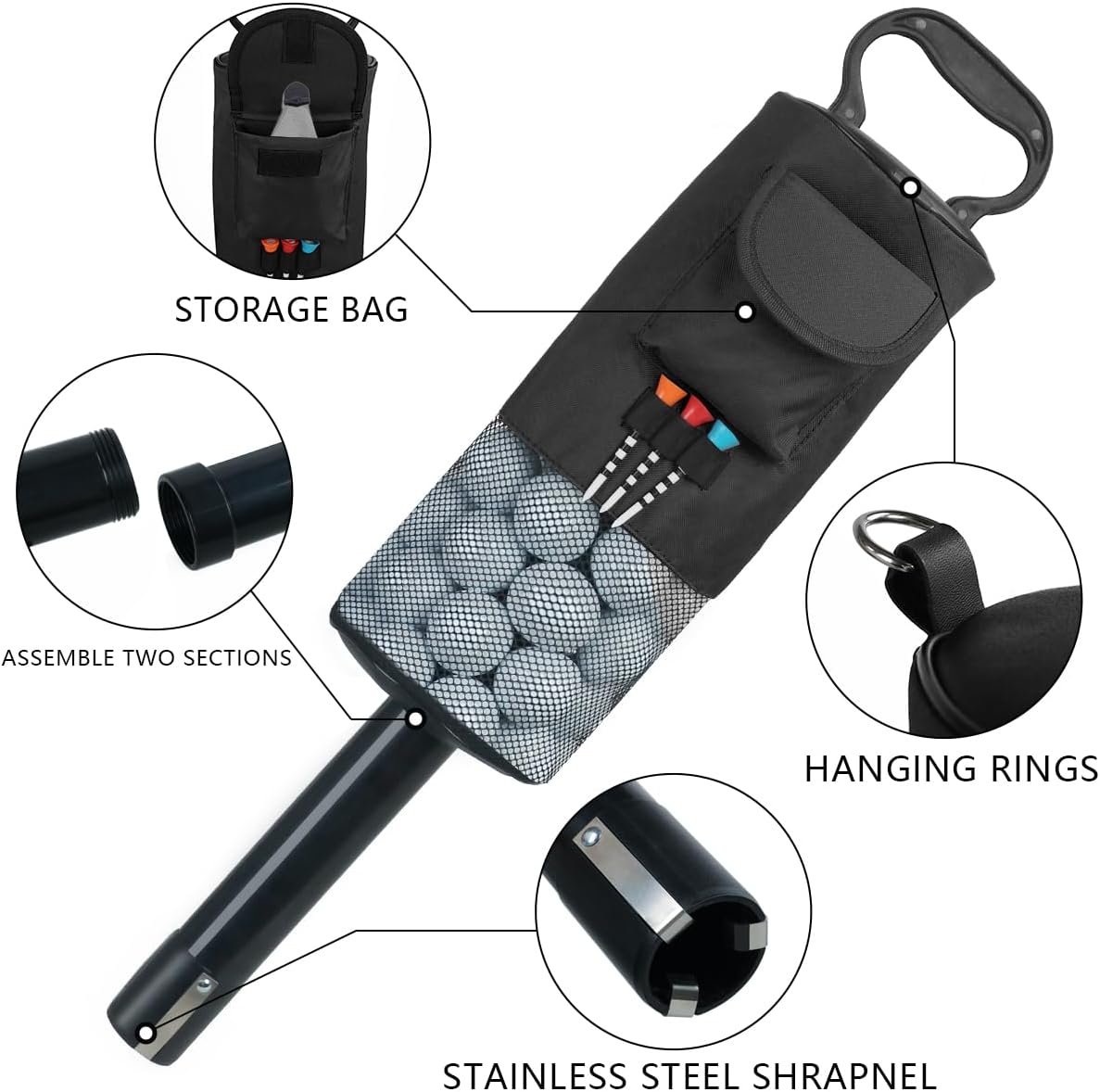 HOW TRUE Golf Ball Retriever, Portable Shag Bag Golf Ball Pick Up with Removable Plastic Tube, Pocket Shagger Storage