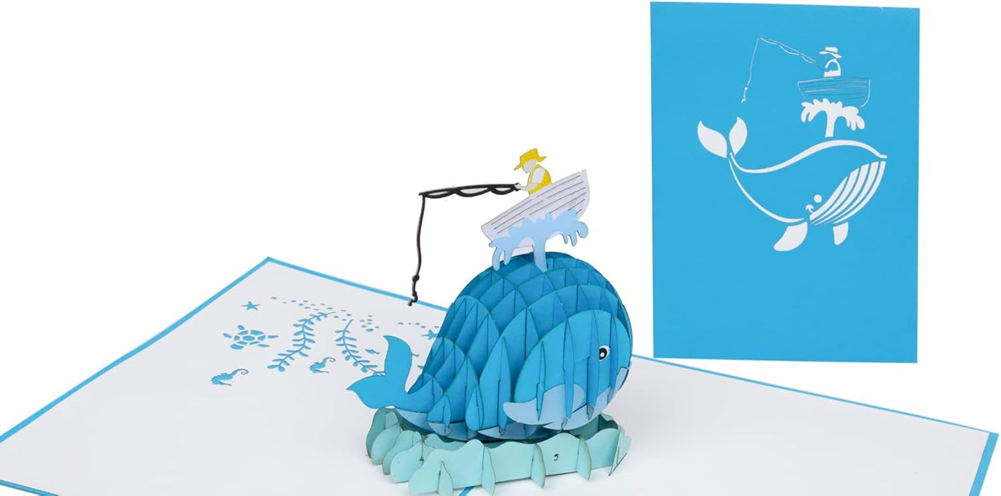 iGifts And Cards Fisherman & Whale Pop-Up Greeting Card, 6" x 8" – Stunning 3D Marine Design for Fishermen, Ocean Lovers, Birthdays, Anniversaries, Retirements, and Nautical-Themed Surprise, with Envelope