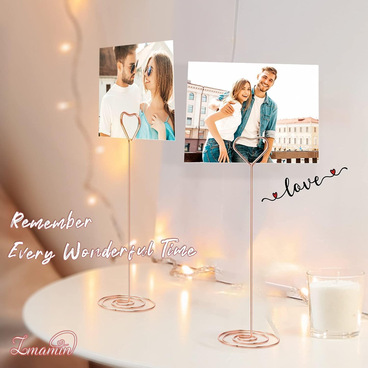 16pcs Place Card Holders, 8.75 Inches Tall Table Number Holders, Rose Gold Picture Holder for Tables with Heart Shaped Clip for Wedding, Photos, Food Signs, Memo Notes, Restaurant, Birthday