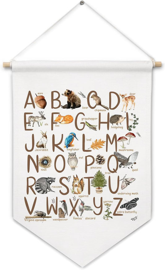 ArtisaEura Woodland Alphabet Wall Canvas Banners, Woodland Nursery Decor, Alphabet Educational Hanging Display Pennant Banner Flags, ABC Nursery Wall Decor for Kids Toddler Room Bedroom Playroom