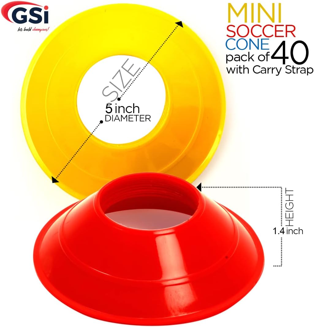 GSi Sports Cones | 40 Pack Training Cones with Strap for Agility Drills, Soccer, and Sports Practice and Shapes