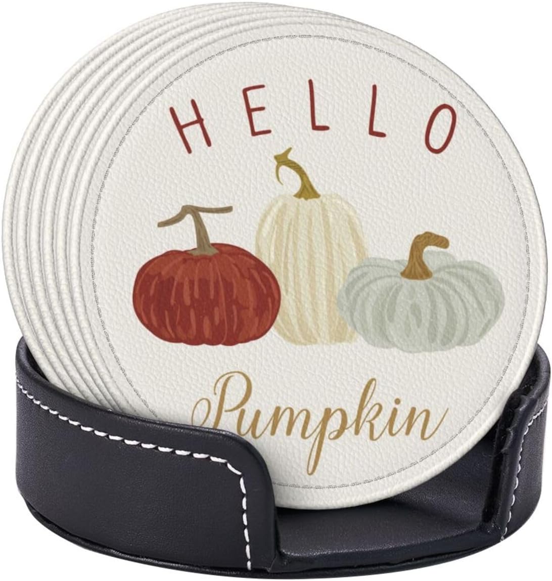 Hello Fall Pumpkin Autumn Coasters for Drinks Round Leather Coaster with Holder Set of 6 for Tabletop Protection Desk Accessories Office Home Room Decor