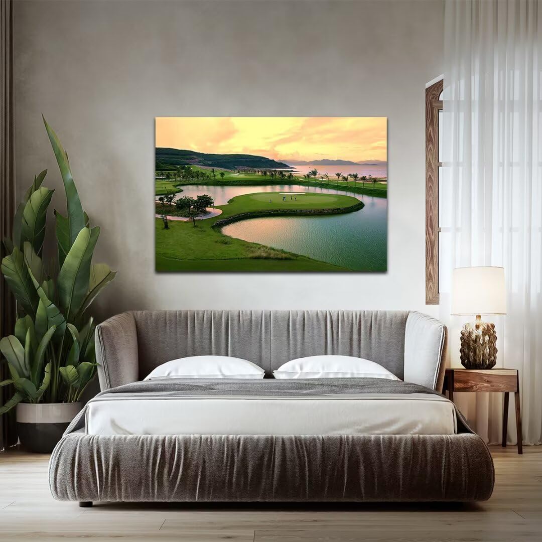 HJY Art USA Golf Course Wall Art for Gym Pebble Beach Golf Course Wall Decor Yellow Green Abstract Painting Poster for Home Decor Living Room Bedroom Bathroom Office Artwork (12 x 16 inch)