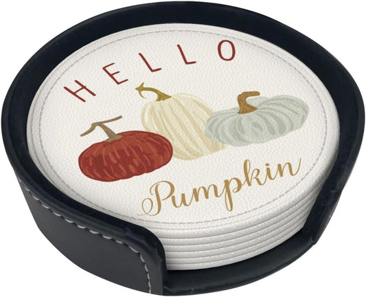 Hello Fall Pumpkin Autumn Coasters for Drinks Round Leather Coaster with Holder Set of 6 for Tabletop Protection Desk Accessories Office Home Room Decor