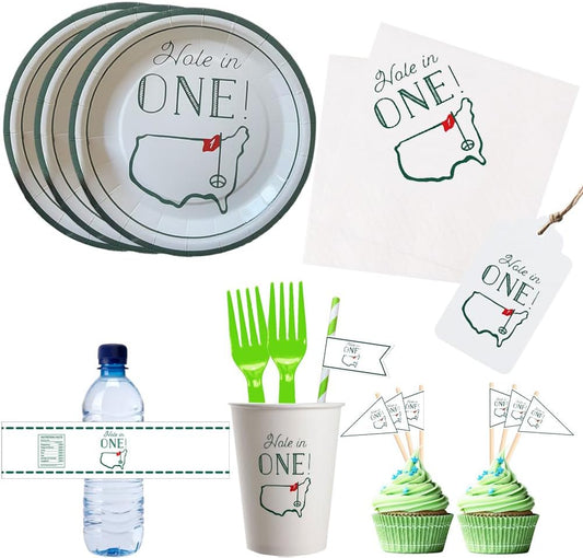 Hole in One Golf Party Decorations, 240-Piece Set with Cocktail Napkins, Plates, Cups, Bottle Labels, Toothpick Flags, Straws, Gift Tags, and Forks for Golf Birthday and 1st Hole in One Parties
