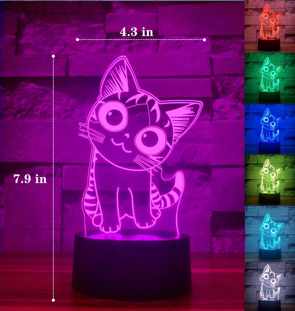 i-CHONY Cat Gift Night Light for Kids,Auto 7 Colors Changing Anime Table Lamp,3D Illusion Bedside Lamp,Cute Cat Gifts for Women Teens Boys Girls Birthday Christmas Gifts