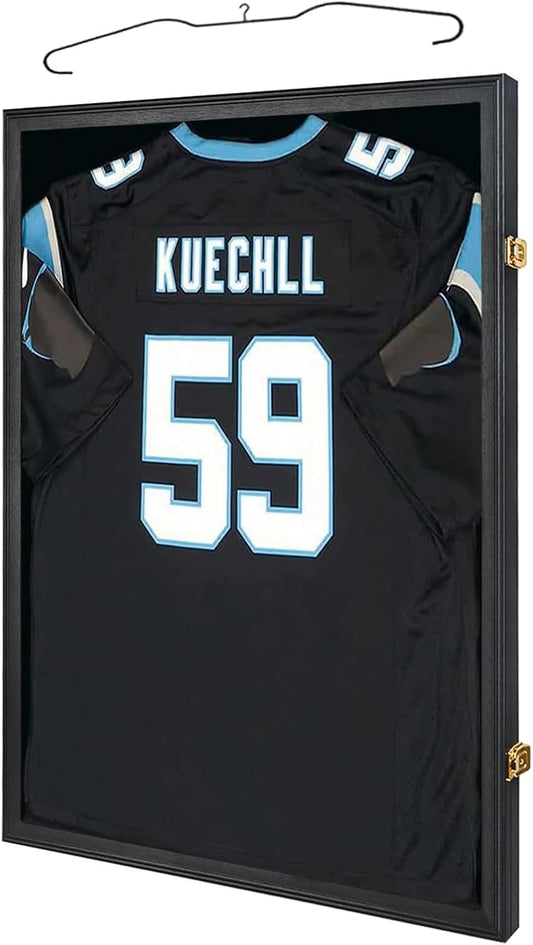 IHEIPYE Jersey Frame Display Case Shadow Box - Lockable with UV Protection Acrylic and Hanger for Baseball, Basketball, Football, Soccer, Hockey 2XL Sport Shirt and Uniform - Black