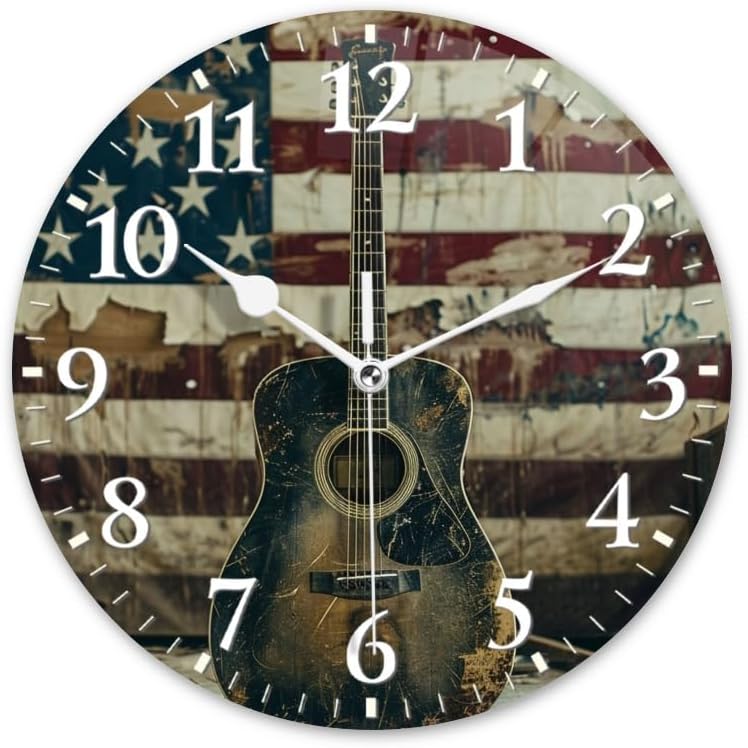 Guitar Wall Clock Non-Ticking Silent Clocks Battery Operated Analog Decor Clock for Home-Acoustic Guitar Leaning Against Old American Flag(16inch)