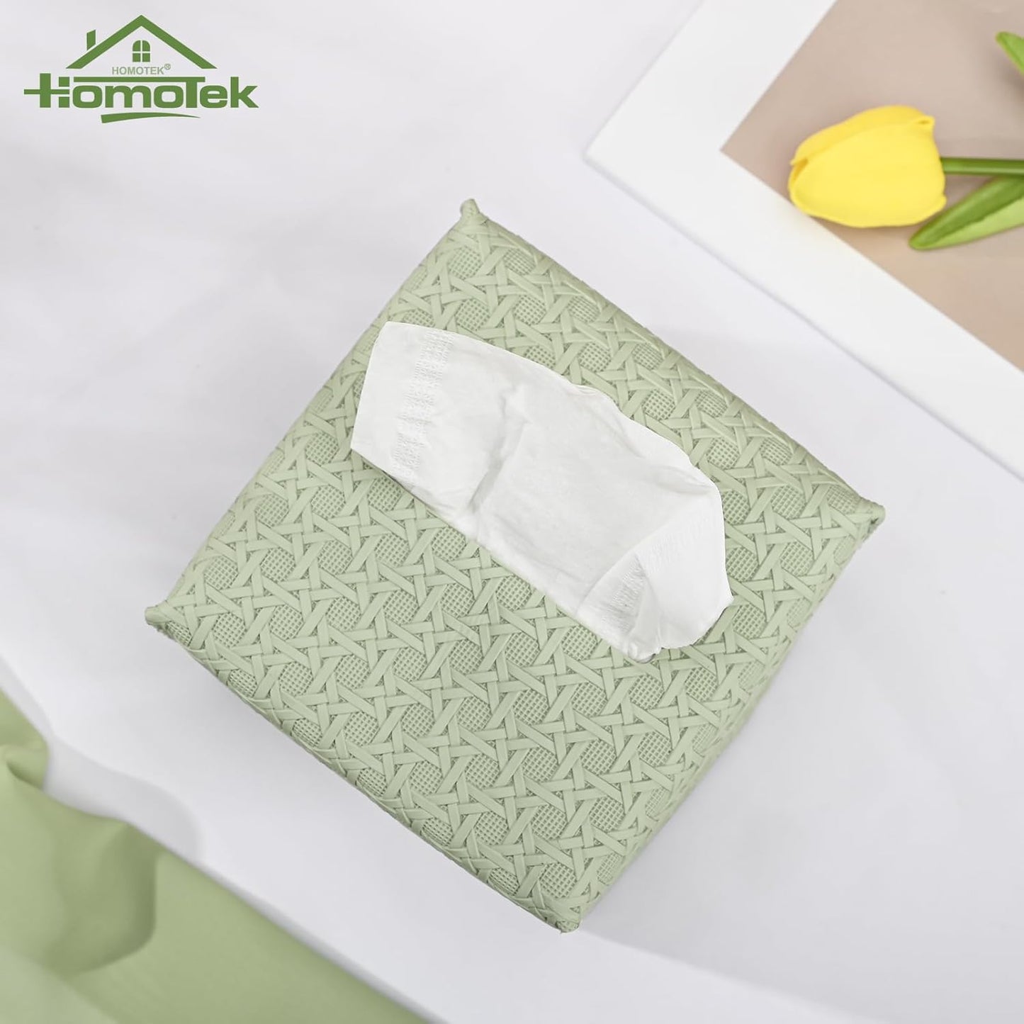 HOMOTEK 2 Pack Tissue Box Cover, Square PU Leather Tissue Holder, Decorative Facial Tissue Cube Paper Organizer Dispenser for Bathroom, Night Stands, Desk, Car 5X5X5'' - Rattan Weave,Mint Green