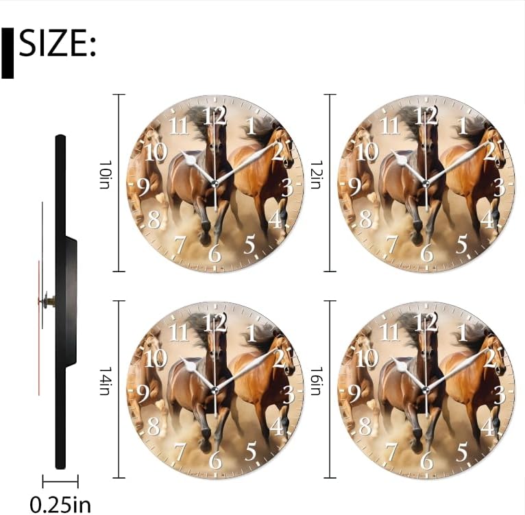 Horses Wall Clock Non-Ticking Silent Clocks Battery Operated Analog Decor Clock for Home-Horses Running Through The Desert Dust Flying(12inch)