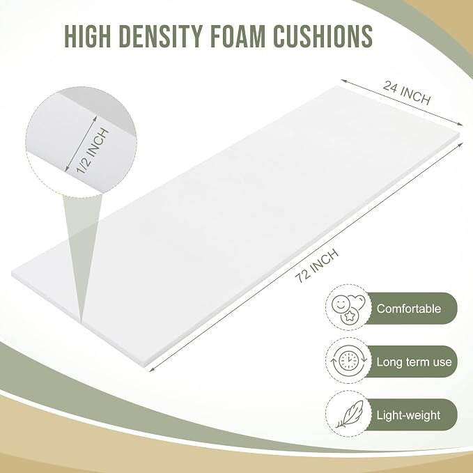 Frienda 2 Pcs Upholstery Foam 1/2" x 24" x 72" High Density Cushion White - Image 3