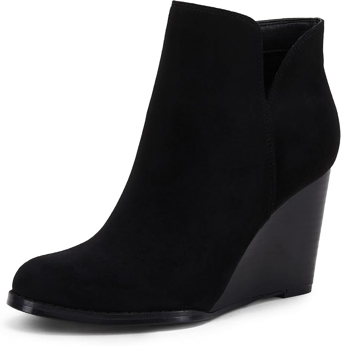 LAICIGO Womens V Cut Wedge Ankle Booties Zip-up Closed Toe Stacked Heel Faux by LAICIGO