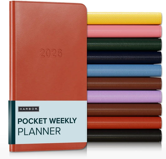 Harbor Pocket Weekly Monthly Planner 2025-2026 - Calendar Planner and Notebook, Durable Faux Leather, 192 Pages, Softcover & Book Bound - Cambridge Burnt Orange - 6 x 3.25 "