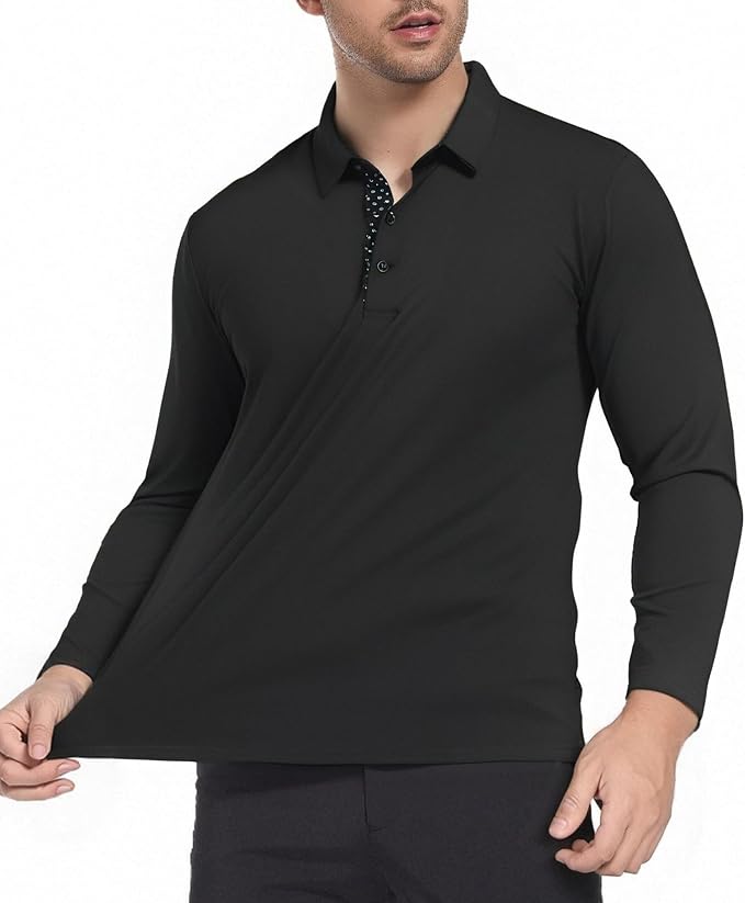Alex Vando Mens Golf Shirt Moisture Wicking Quick-Dry Solid Long Sleeve Polo - Image 3