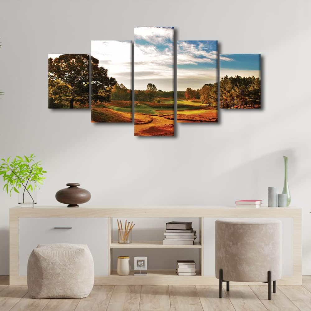 House Decorations Living Room Golf Course Cityscape Pictures Green Lawn Paintings 5 Panel Contemporary Wall Art on Canvas Premium Quality Artwork Framed Posters and Prints Ready to Hang - 60"W x 32"H