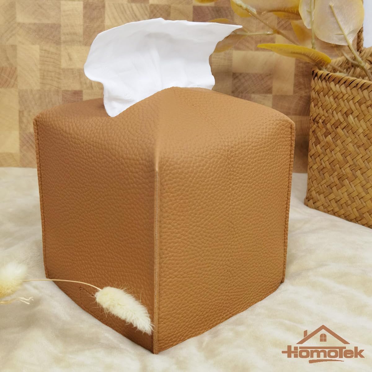 HOMOTEK 2 Pack Tissue Box Cover, Square PU Leather Tissue Holder, Decorative Facial Tissue Cube Paper Organizer Dispenser for Bathroom, Night Stands, Desk, Car 5X5X5'' - Camel, Pebble Grain