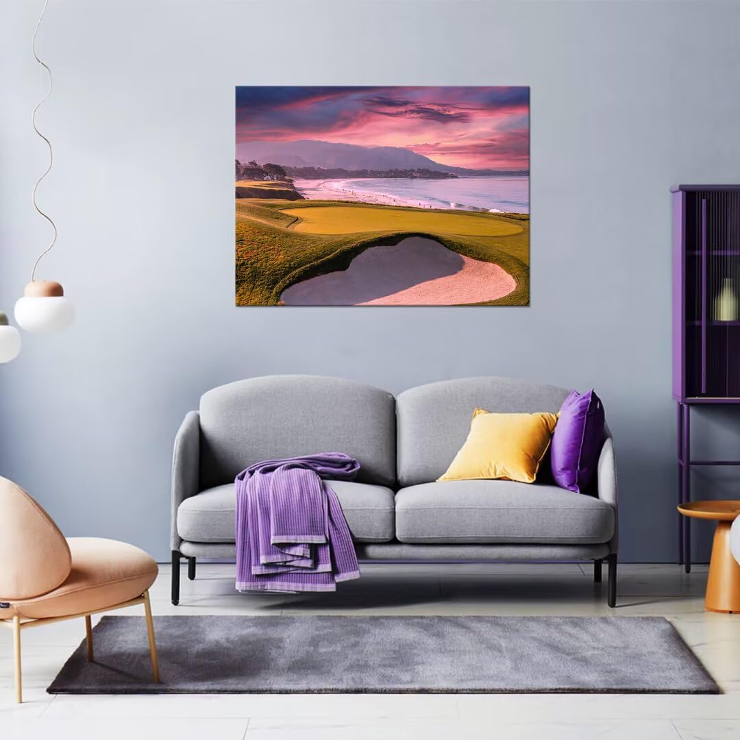 HJY Art Pebble Beach Golf Course Wall Art USA California Golf Course Wall Decor Sunset Landscape Painting Poster for Home Decor Living Room Bedroom Office Club Gym Framed Artwork (12 x 16 inch)